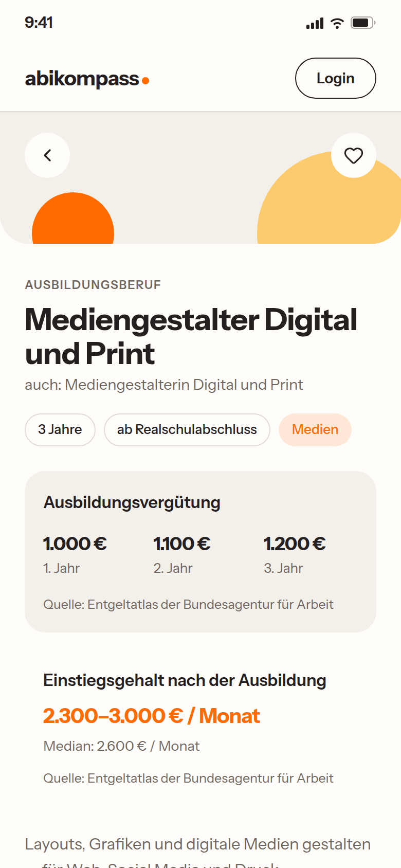Abikompass App: Berufsbild Mediengestalter Digital und Print mit Ausbildungsvergütung und Einstiegsgehalt